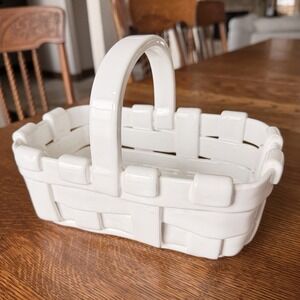 Vintage Italian White Ceramic Basket Planter Handle Heavy Cottagecore
